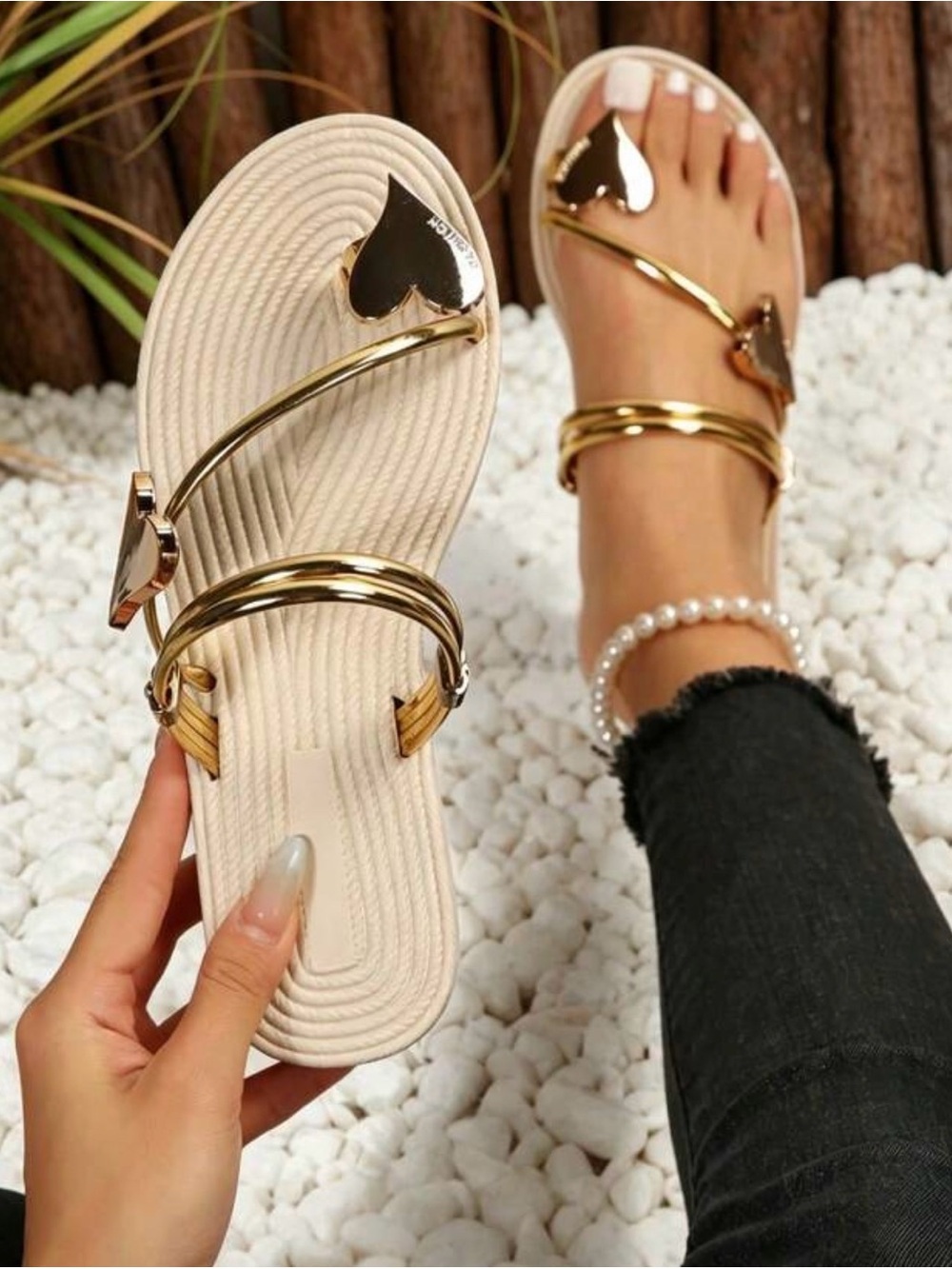 SHEIN Cream Slide Sandals with Gold Heart Accents